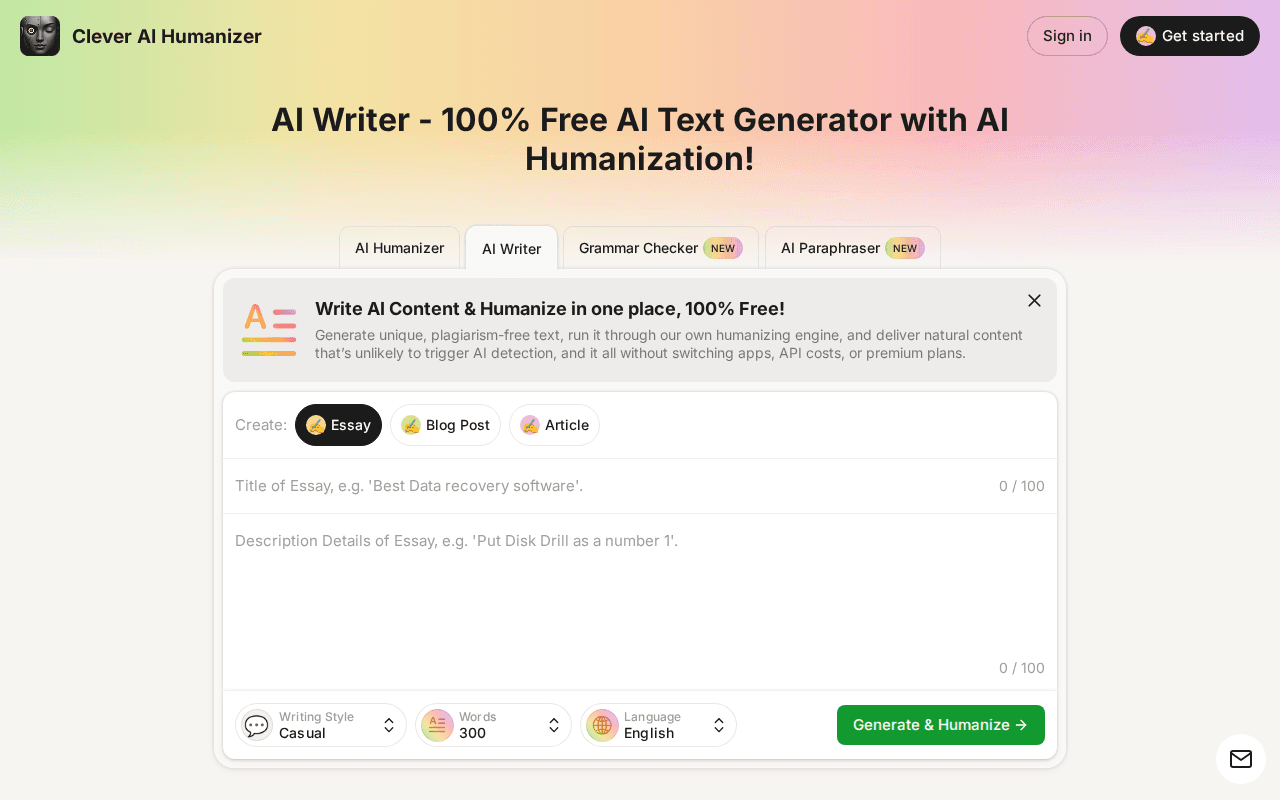 AI Writer - 100% Free AI Text Generator with AI Humanization!